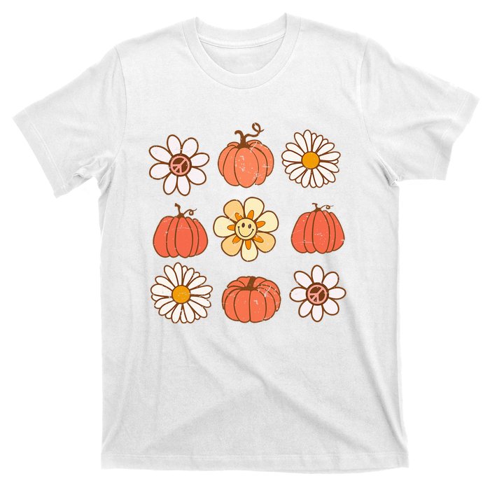 Retro Groovy Fall Vintage Pumpkin Flower Hippie Halloween T-Shirt