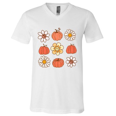 Retro Groovy Fall Vintage Pumpkin Flower Hippie Halloween V-Neck T-Shirt