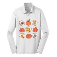 Retro Groovy Fall Vintage Pumpkin Flower Hippie Halloween Silk Touch Performance Long Sleeve Polo