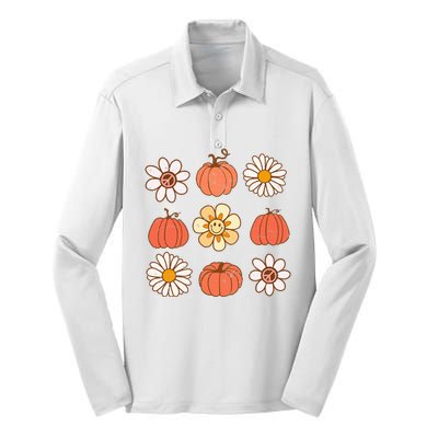 Retro Groovy Fall Vintage Pumpkin Flower Hippie Halloween Silk Touch Performance Long Sleeve Polo