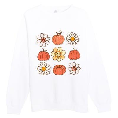 Retro Groovy Fall Vintage Pumpkin Flower Hippie Halloween Premium Crewneck Sweatshirt