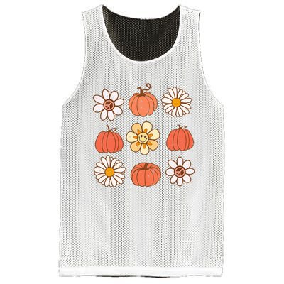 Retro Groovy Fall Vintage Pumpkin Flower Hippie Halloween Mesh Reversible Basketball Jersey Tank