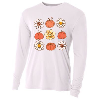 Retro Groovy Fall Vintage Pumpkin Flower Hippie Halloween Cooling Performance Long Sleeve Crew