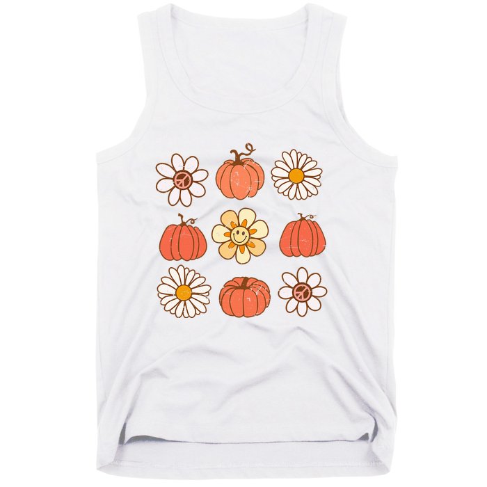 Retro Groovy Fall Vintage Pumpkin Flower Hippie Halloween Tank Top