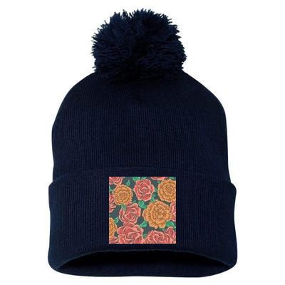 Rose Garden Flower Nature Pom Pom 12in Knit Beanie