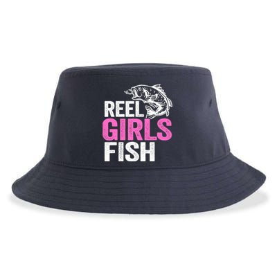 Reel Girl Fish Bass Fishing Funny Fisherwoman Mom Fishing Sustainable Bucket Hat