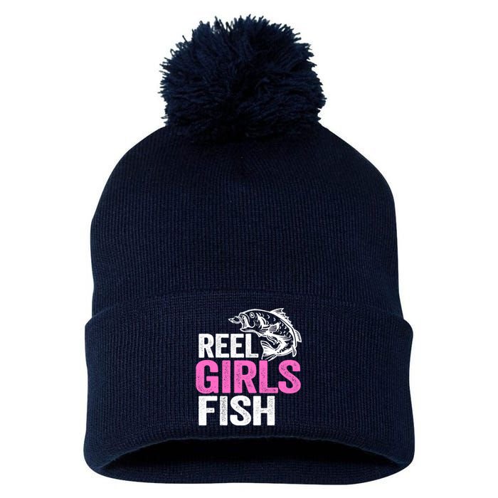 Reel Girl Fish Bass Fishing Funny Fisherwoman Mom Fishing Pom Pom 12in Knit Beanie