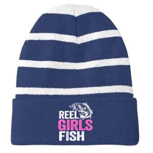 Reel Girl Fish Bass Fishing Funny Fisherwoman Mom Fishing Striped Beanie with Solid Band