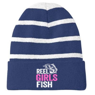 Reel Girl Fish Bass Fishing Funny Fisherwoman Mom Fishing Striped Beanie with Solid Band