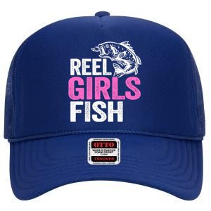 Reel Girl Fish Bass Fishing Funny Fisherwoman Mom Fishing High Crown Mesh Back Trucker Hat