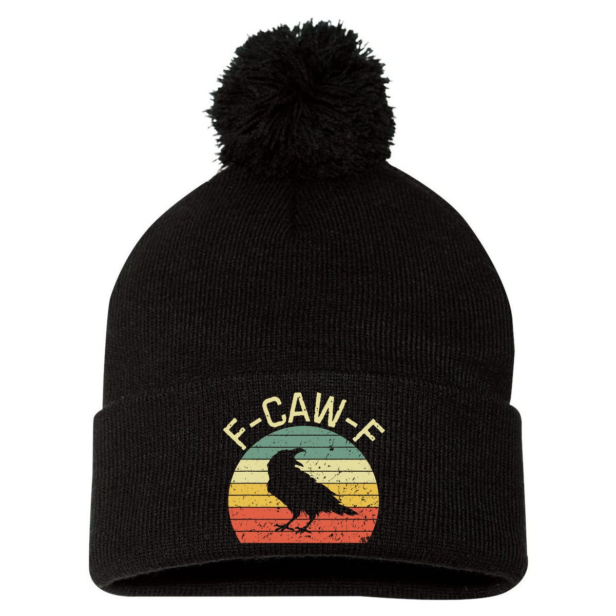 Retro Grunge F-Caw-F Black Crow Black Bird Cawing  Pom Pom 12in Knit Beanie