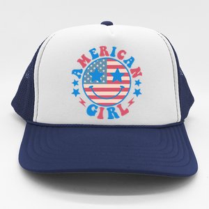 Retro Groovy Fourth 4th Of July Smile American Girl Trucker Hat