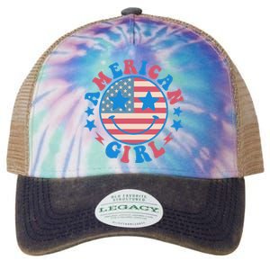 Retro Groovy Fourth 4th Of July Smile American Girl Legacy Tie Dye Trucker Hat