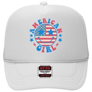 Retro Groovy Fourth 4th Of July Smile American Girl High Crown Mesh Back Trucker Hat