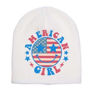 Retro Groovy Fourth 4th Of July Smile American Girl Short Acrylic Beanie