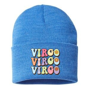 Retro Groovy Floral Virgo Zodiac Sign Birthday Horoscope Gift Sustainable Knit Beanie