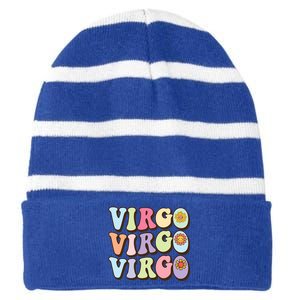 Retro Groovy Floral Virgo Zodiac Sign Birthday Horoscope Gift Striped Beanie with Solid Band