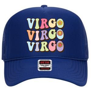 Retro Groovy Floral Virgo Zodiac Sign Birthday Horoscope Gift High Crown Mesh Back Trucker Hat