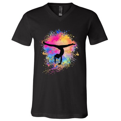 Rainbow Gymnastics Female Gymnast Silhouette HandStand V-Neck T-Shirt