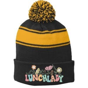 Retro Groovy Flower LUNCH LADY Women Cool Gifts Mom Teacher Stripe Pom Pom Beanie