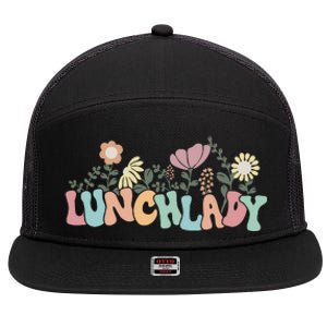 Retro Groovy Flower LUNCH LADY Women Cool Gifts Mom Teacher 7 Panel Mesh Trucker Snapback Hat