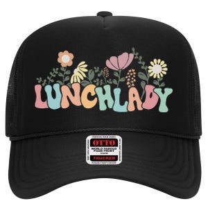 Retro Groovy Flower LUNCH LADY Women Cool Gifts Mom Teacher High Crown Mesh Back Trucker Hat