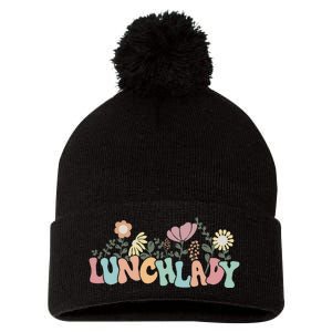 Retro Groovy Flower LUNCH LADY Women Cool Gifts Mom Teacher Pom Pom 12in Knit Beanie