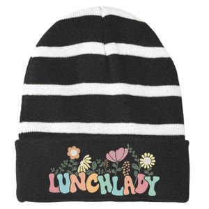 Retro Groovy Flower LUNCH LADY Women Cool Gifts Mom Teacher Striped Beanie with Solid Band