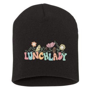 Retro Groovy Flower LUNCH LADY Women Cool Gifts Mom Teacher Short Acrylic Beanie