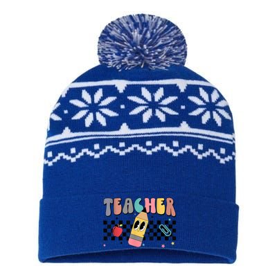 Retro Groovy Funny Math Teacher Happy 100 Days Of School Gift USA-Made Snowflake Beanie