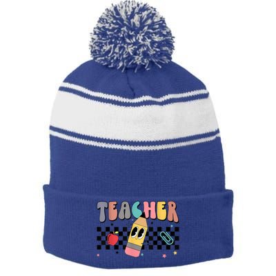 Retro Groovy Funny Math Teacher Happy 100 Days Of School Gift Stripe Pom Pom Beanie