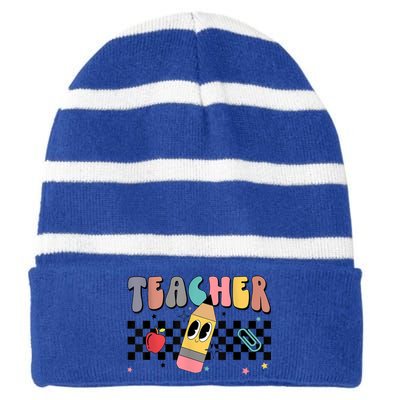 Retro Groovy Funny Math Teacher Happy 100 Days Of School Gift Striped Beanie with Solid Band