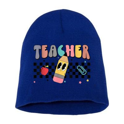 Retro Groovy Funny Math Teacher Happy 100 Days Of School Gift Short Acrylic Beanie