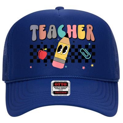 Retro Groovy Funny Math Teacher Happy 100 Days Of School Gift High Crown Mesh Back Trucker Hat