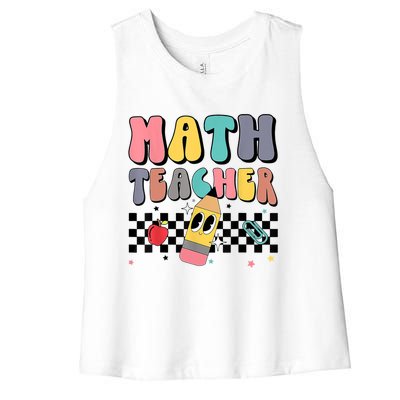 Retro Groovy Funny Math Teacher Happy 100 Days Of School Gift Women's Racerback Cropped Tank