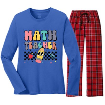 Retro Groovy Funny Math Teacher Happy 100 Days Of School Funny Gift Women's Long Sleeve Flannel Pajama Set 