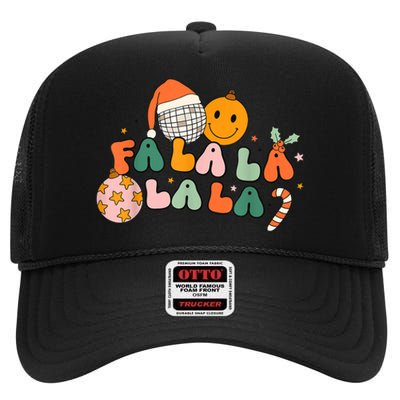 Retro Groovy Fa La La Christmas Cute Santa Hat Xmas Lights High Crown Mesh Back Trucker Hat