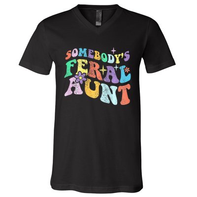 Retro Groovy Funny Somebody's Feral Aunt On Back Mothers Day  V-Neck T-Shirt