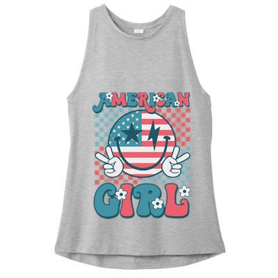 Retro Groovy Fourth 4th Of July Smile American Girl Ladies PosiCharge Tri-Blend Wicking Tank