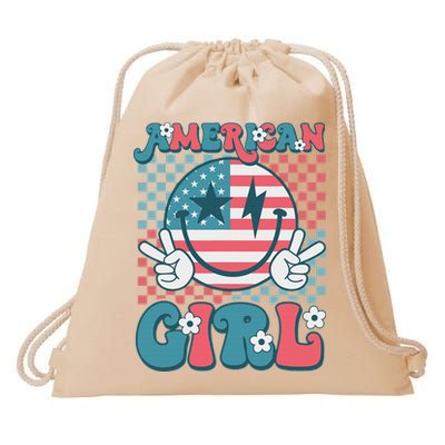 Retro Groovy Fourth 4th Of July Smile American Girl Drawstring Bag