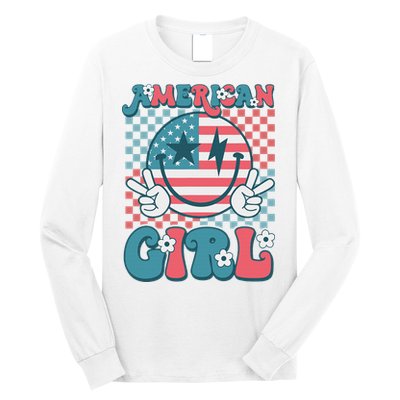 Retro Groovy Fourth 4th Of July Smile American Girl Long Sleeve Shirt
