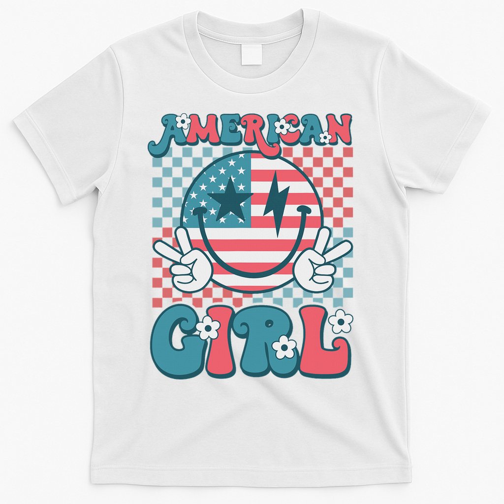 Retro Groovy Fourth 4th Of July Smile American Girl T-Shirt