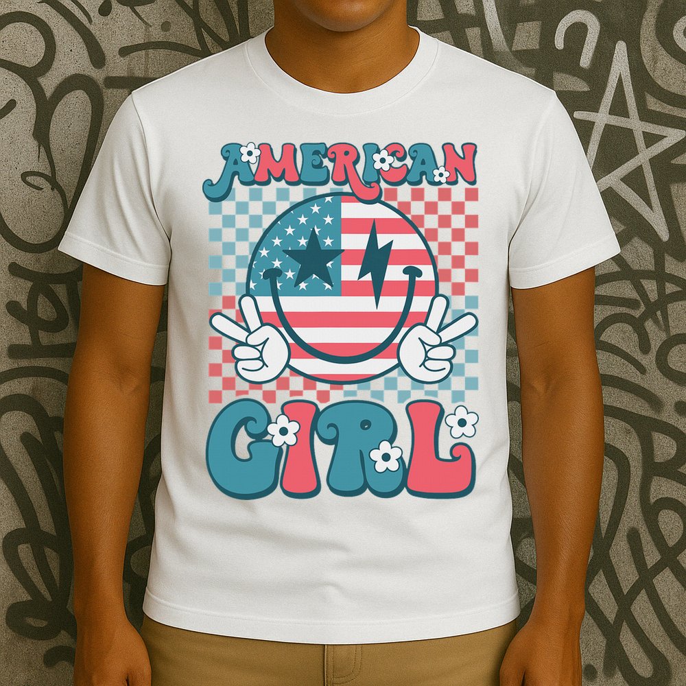 Retro Groovy Fourth 4th Of July Smile American Girl T-Shirt
