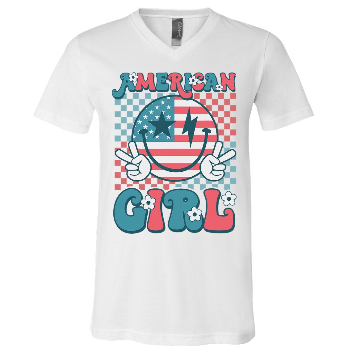 Retro Groovy Fourth 4th Of July Smile American Girl V-Neck T-Shirt