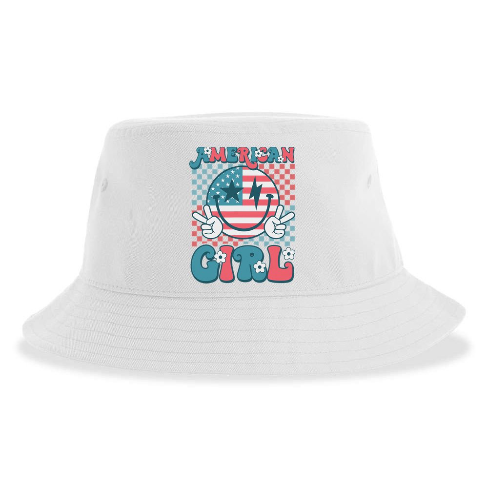 Retro Groovy Fourth 4th Of July Smile American Girl Sustainable Bucket Hat