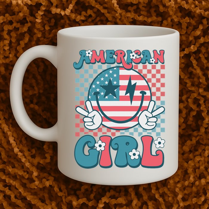 Retro Groovy Fourth 4th Of July Smile American Girl Mug