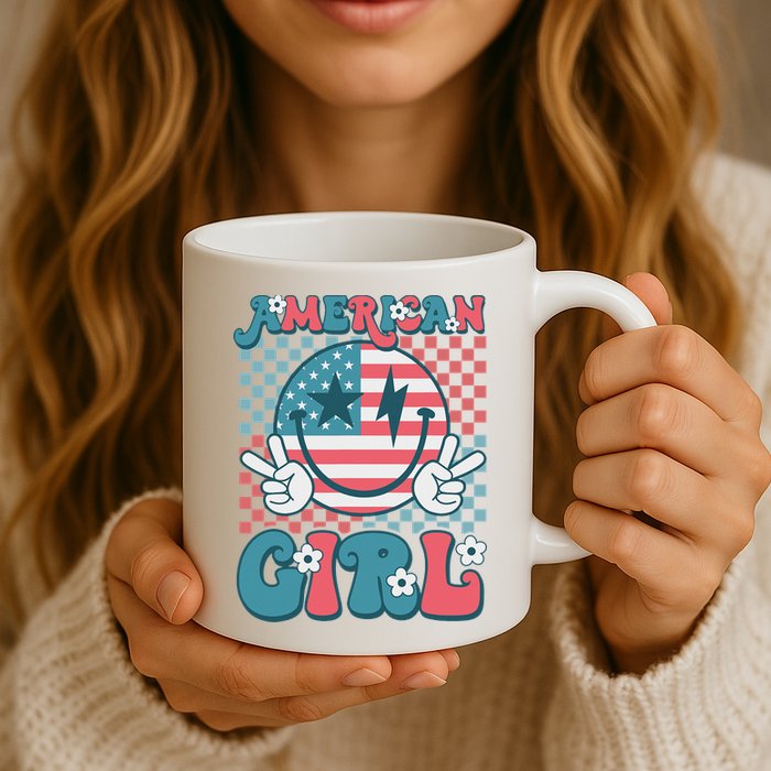 Retro Groovy Fourth 4th Of July Smile American Girl Mug