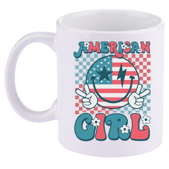 Retro Groovy Fourth 4th Of July Smile American Girl 11oz C Handle Ceramic Mug