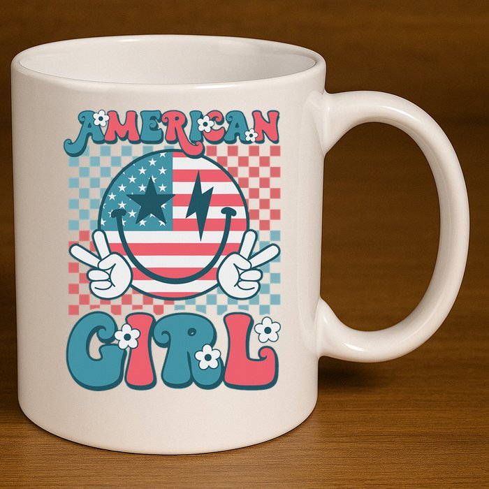 Retro Groovy Fourth 4th Of July Smile American Girl 11oz C Handle Ceramic Mug