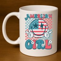 Retro Groovy Fourth 4th Of July Smile American Girl 11oz C Handle Ceramic Mug